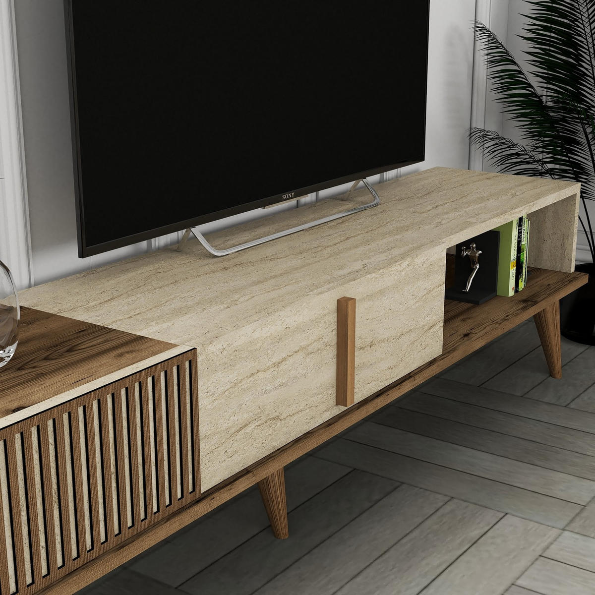 TV-MÖBEL Milan Nussbaum-Travertin - Beige/Nussbaumfarben, Holz (180/40/35cm) - Habitat Garten
