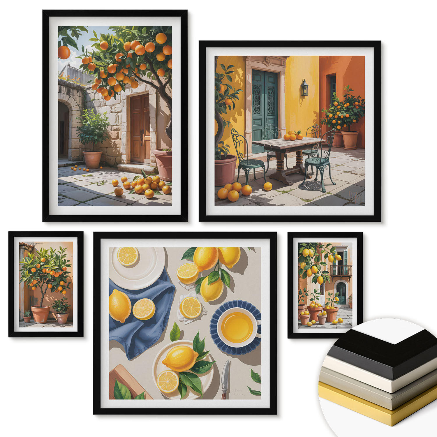 WANDBILDER 5er-Set - 50x50 cm & 20x30 cm & 40x60 cm Schwarzer Rahmen - Zitrusgarten in der Sonne - Schwarz, Kunststoff (40/60cm) - ArtPrintCave