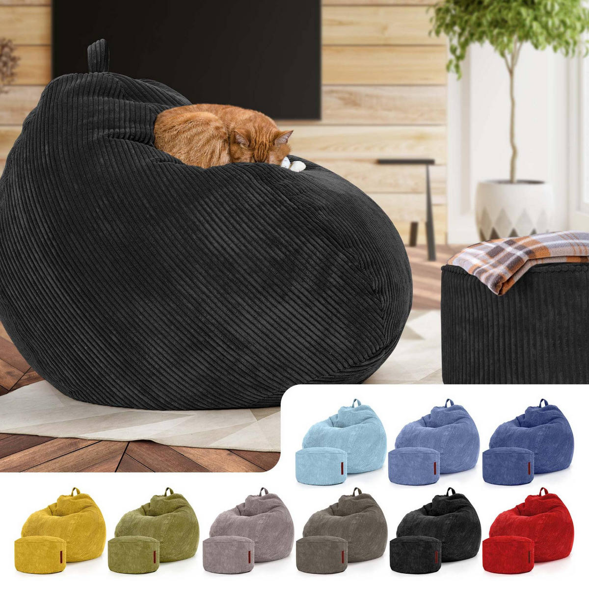 XXL-SITZSACK 2er Set + Pouf - Cordstoff - Schwarz, Textil (90/110/90cm) - Green Bean