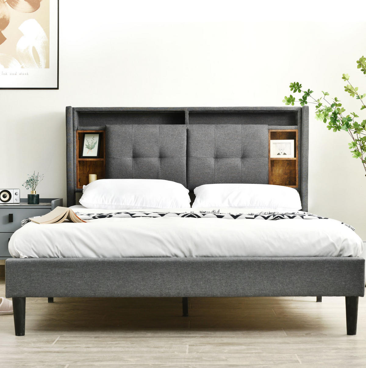 ČALOUNĚNÁ postel s úložným čelem, 223/149/107 cm šedá, s USB, LED a lamelovým roštem - šedá, dřevo (140/200cm) - BEAOK