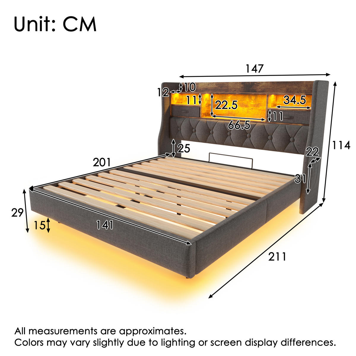 POLSTERBETT 140/200 cm mit LED-Beleuchtung, USB- und Type-C-Anschluss, Stauraum-Kopfteil und Matratze, Grau - Grau, Textil (140/200cm) - Redom