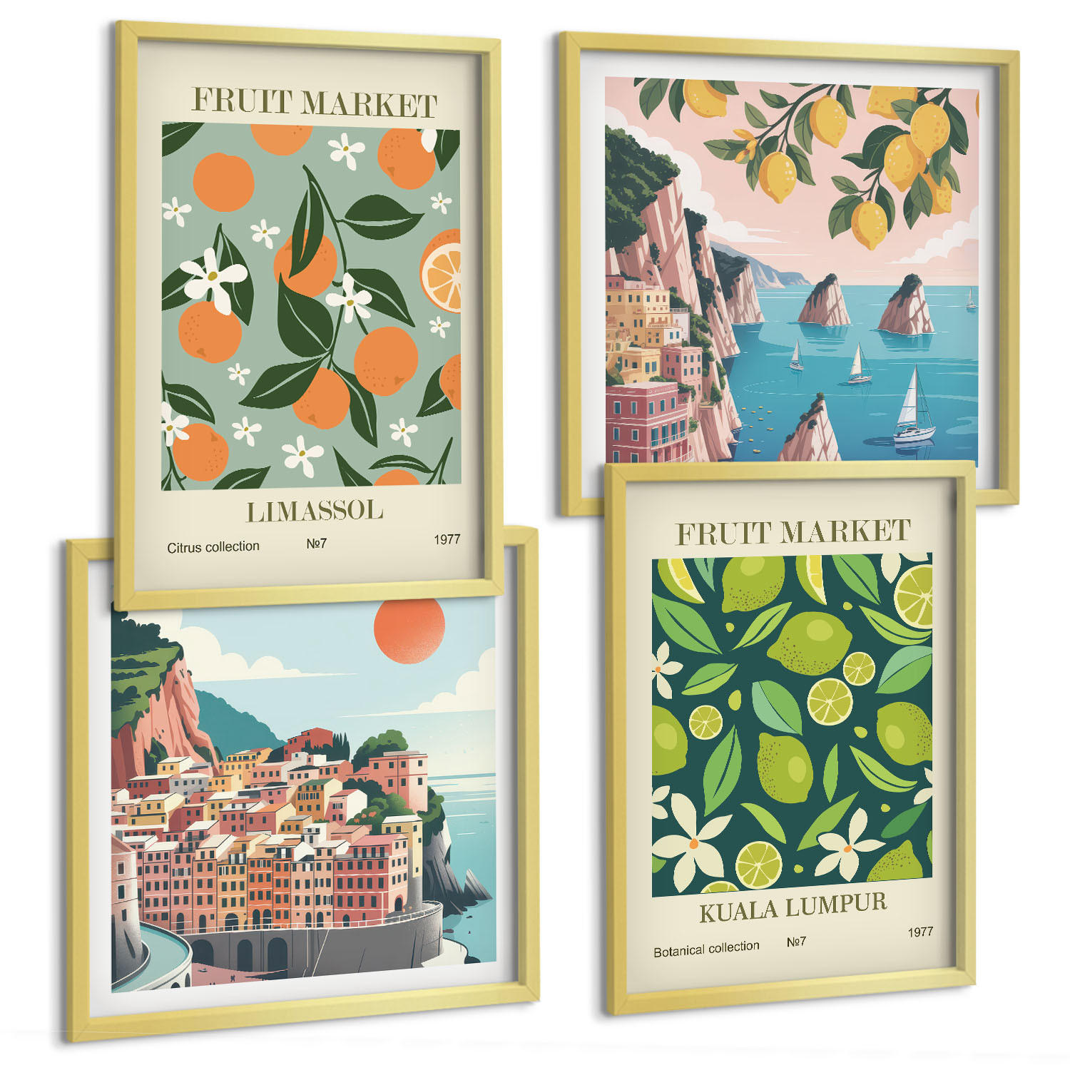 BILDER SET 4er Set - 50x50 cm & 40x60 cm Goldrahmen - Vintage-Poster mit Fruchtmustern - Goldfarben, Kunststoff (50/50cm) - TULUP