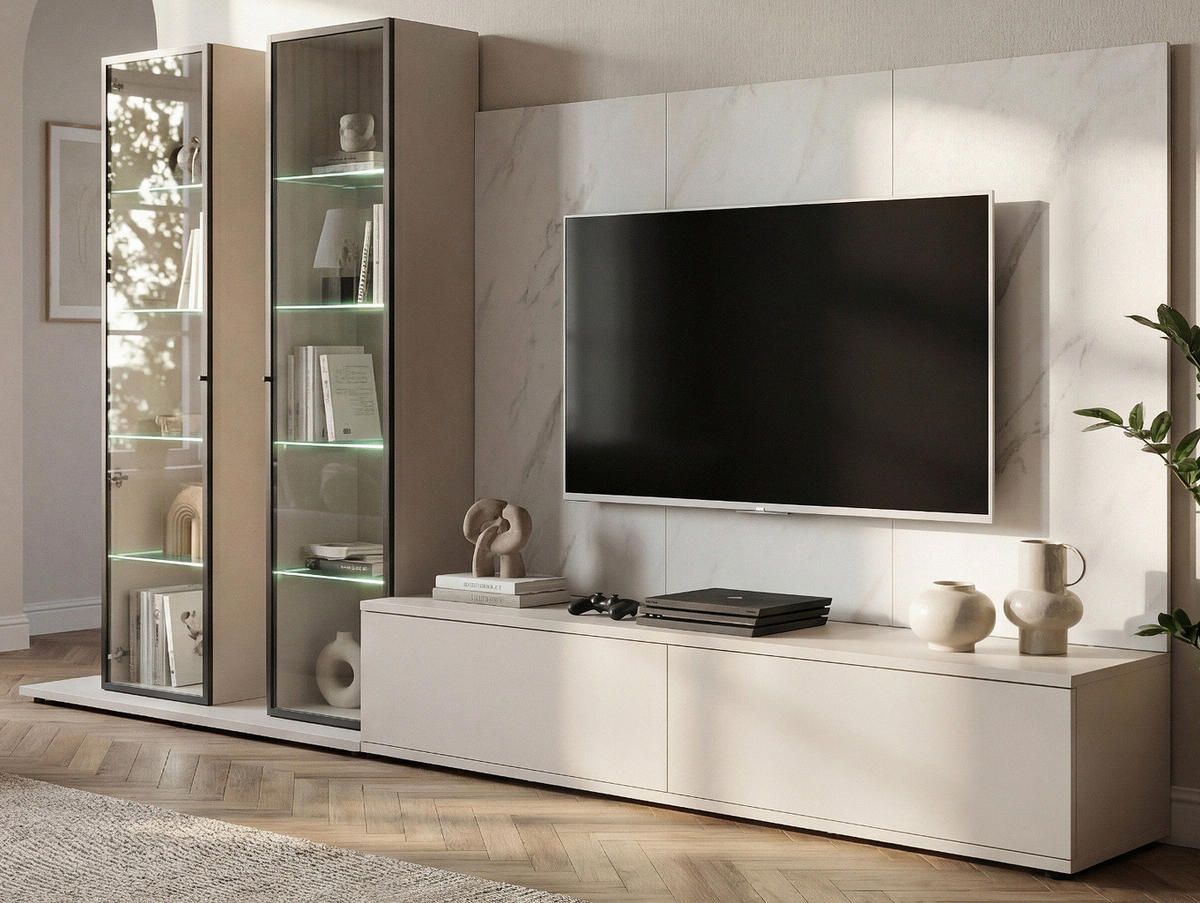 WOHNWAND kaschmir, Marmor weiß 300 cm, Anbauwand mit Wandpaneel, Beleuchtung, Push-to-Open - Kaschmir/Schwarz, Glas/Holzwerkstoff (300/175/45cm) - Inn.Furn