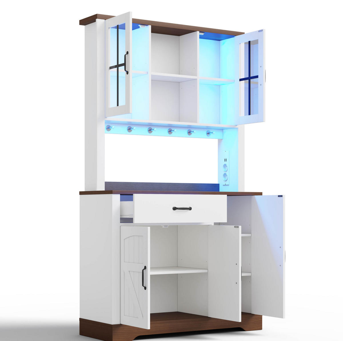 BUFFET aus MDF 105x40x185 cm Natur/Weiß mit LED-Beleuchtung, Steckdosenmodul und verstellbaren Einlegeböden - Naturfarben, Holzwerkstoff (105/185/40cm) - Modfu