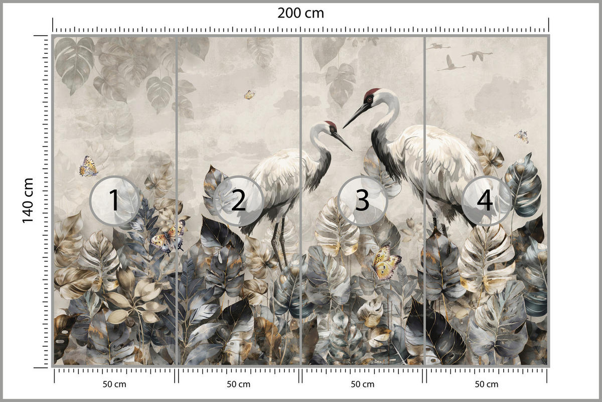 FOTOTAPETE für Wohnzimmer Kraniche Abstrakten Blättern Retro Natur 200x140 - Grau, Papier (200/140cm) - Muralo