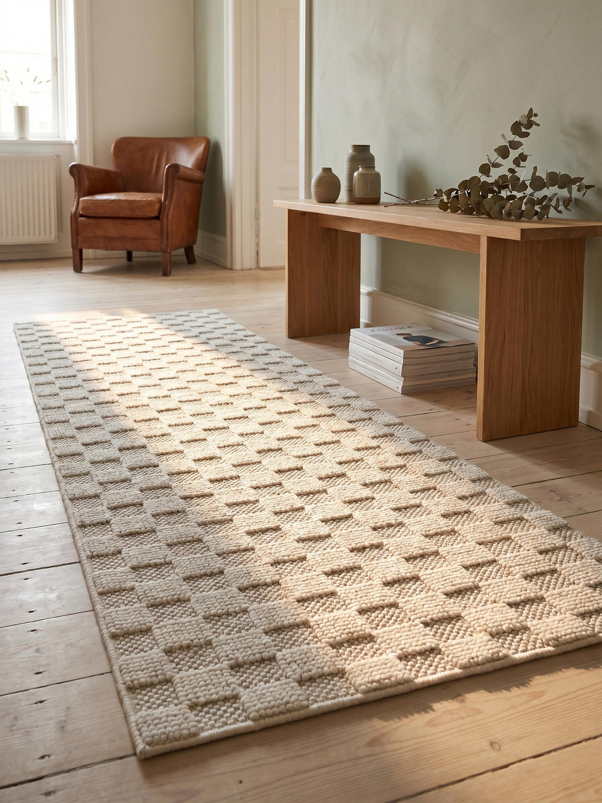 TEPPICH Flachgewebe LANGAU in Creme, mit Schachbrettmuster, 80 x 250 cm - Creme, Textil (80/250cm) - KADIMA DESIGN