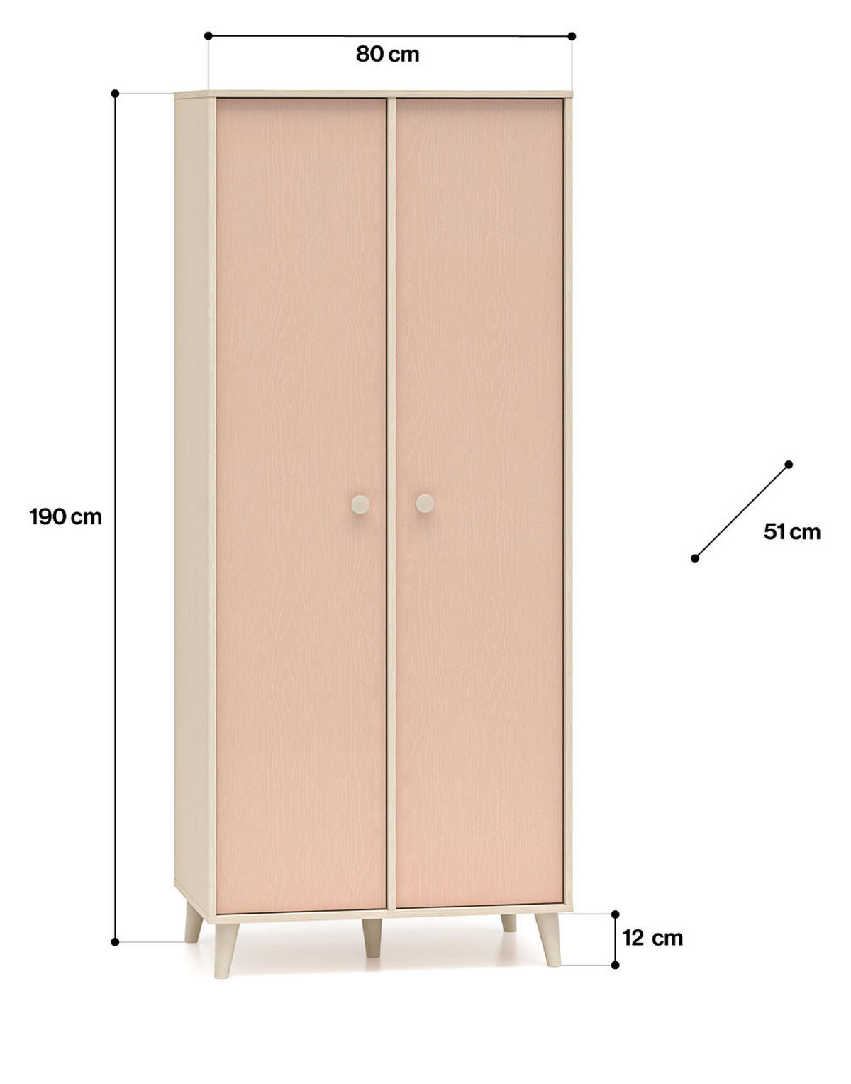 KLEIDERSCHRANK Mevel Wüstensand / Millennial Pink 80 / 51 / 190cm - Pink, Holz/Holzwerkstoff (80/190/51cm) - Feldmann-Wohnen