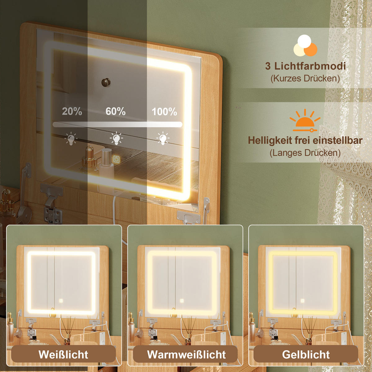 SCHMINKTISCH LED Spiegel USB Hocker 3 Schubladen Modern - Naturfarben, Holzwerkstoff (79/120/40cm) - FLIEKS