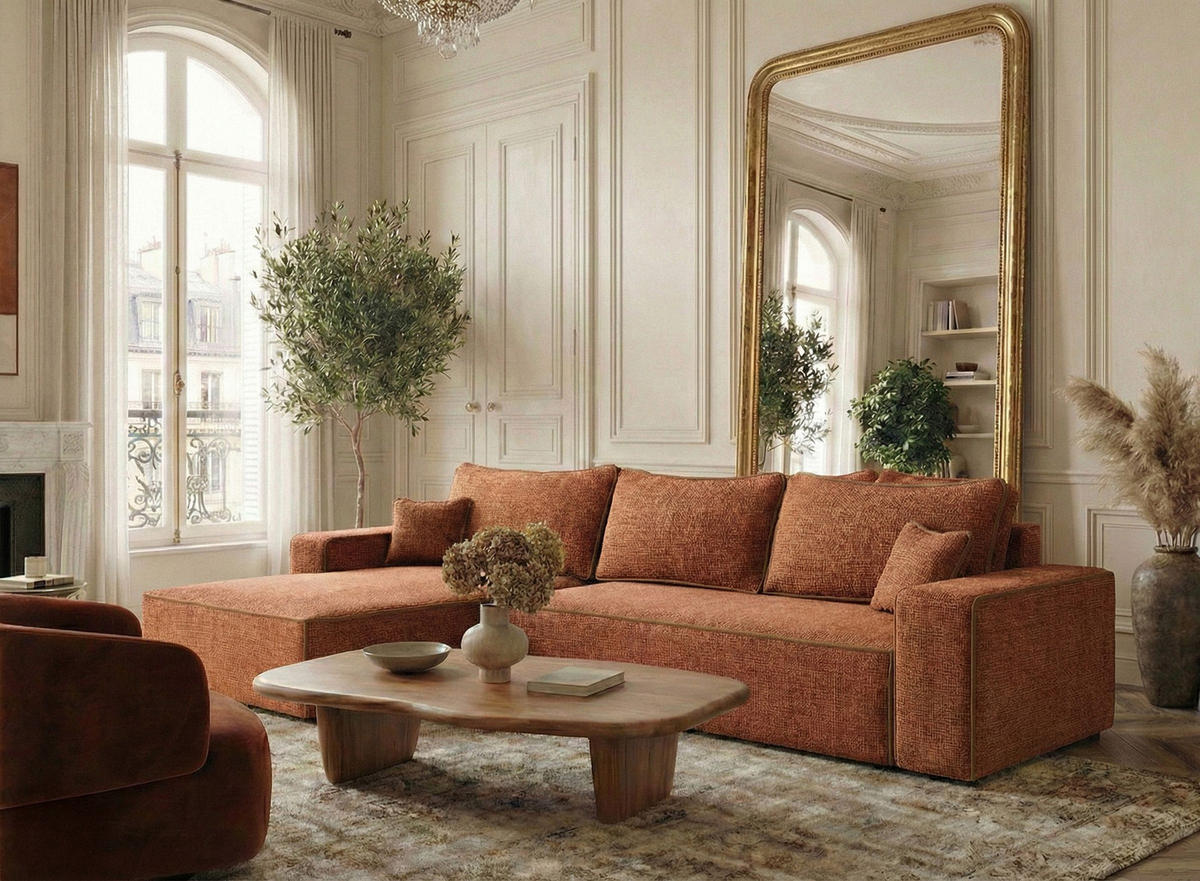 ECKSOFA MIT SCHLAFFUNKTION Modo Grau Chenille-Stoff - Links Seite - Rostfarben/Schwarz, Holz/Holzwerkstoff (185/294cm) - Maison de Reve
