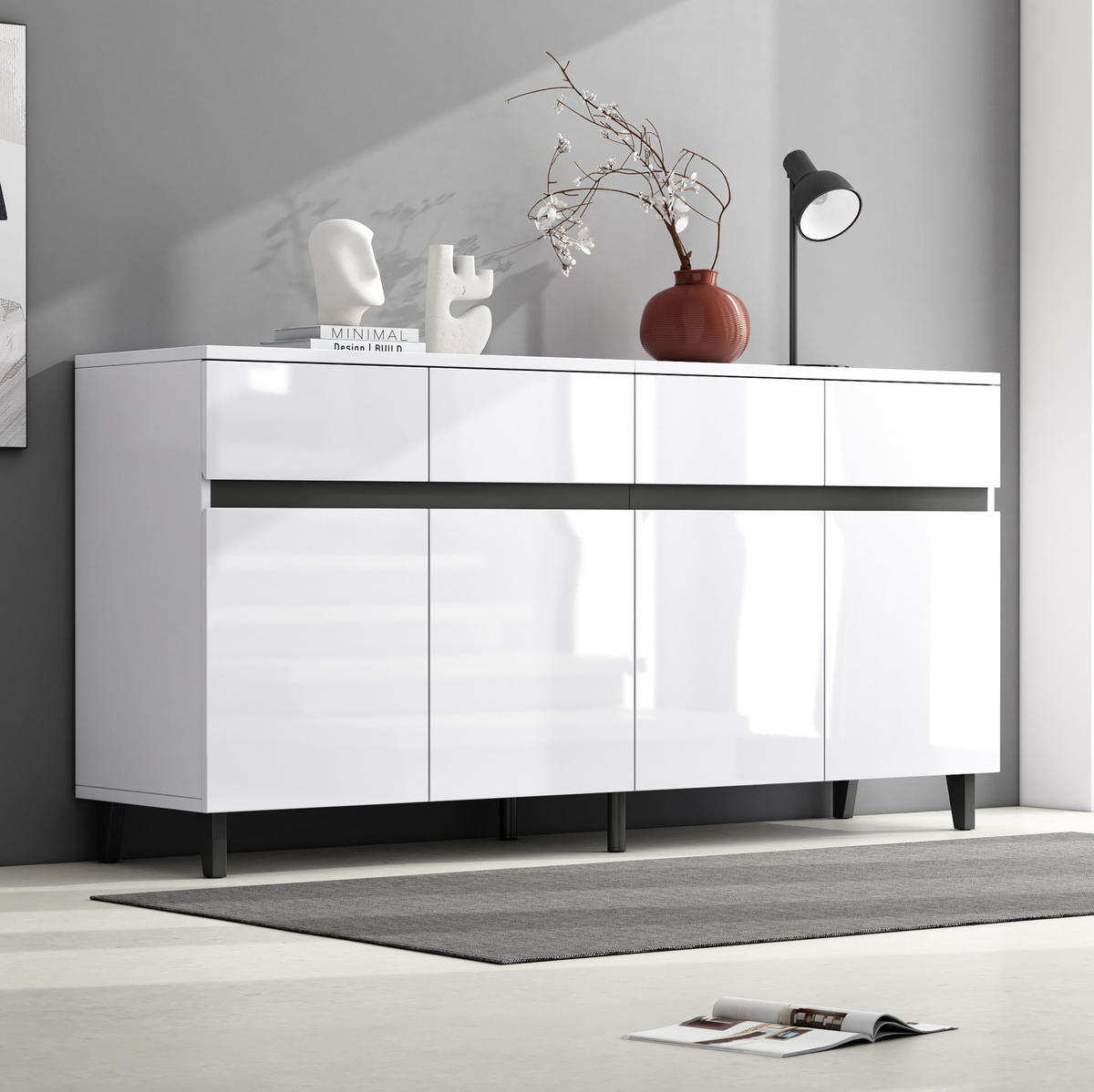 SIDEBOARD z dřevotřísky, 160/40/68 cm, bílý s lesklými čely a nastavitelnými policemi - bílá, kompozitní dřevo (160/68/40cm) - Modenvie
