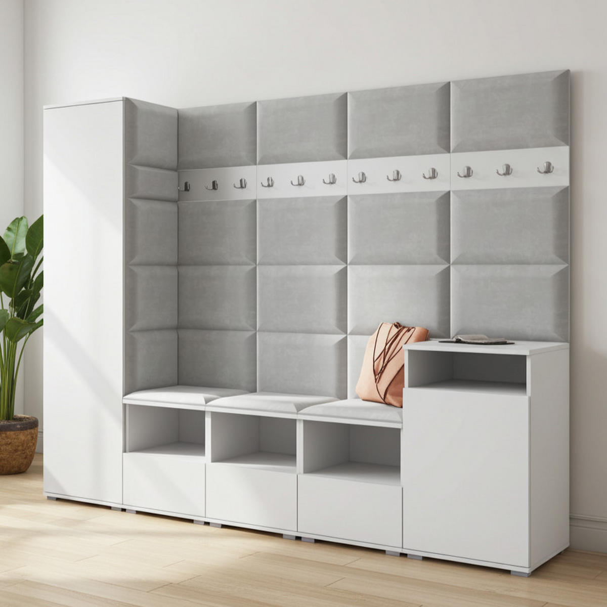 GARDEROBE NELA XI 250 cm (Modulare Flurmöbel Weiß mit Sitzpolster Hellgrau 32 Großes Set) - Silberfarben/Hellgrau, Holz/Holzwerkstoff (250/187/40cm) - Ravio