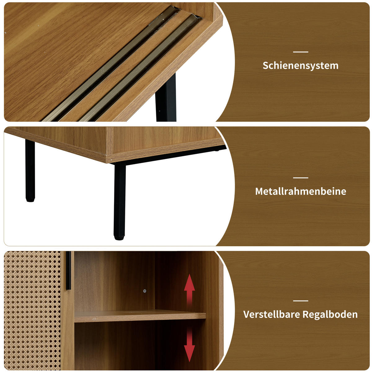 SIDEBOARD 100/37/90 cm in Walnuss mit 2 Schiebetüren und Rattan-Optik - Walnussfarben, Holzwerkstoff (100/90/37cm) - Flora Grace