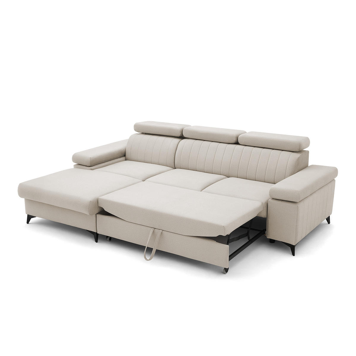 ECKSOFA FELIX L Links mit Schlaffunktion Velours Creme - Creme/Schwarz, Holz/Textil (257/176cm) - Muffo