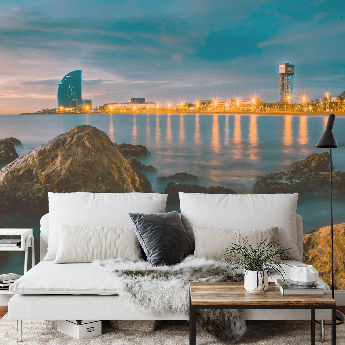 FOTOTAPETE für Wohnzimmer Barcelona Küste Nacht Meer Felsen 500x350 - Blau, Papier (500/350cm) - Muralo