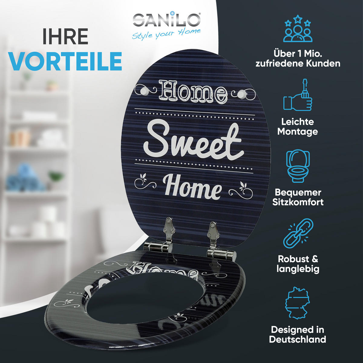 WC-SITZ Absenkautomatik Home Sweet Home - Blau, Holzwerkstoff (38/6/47cm) - Sanilo