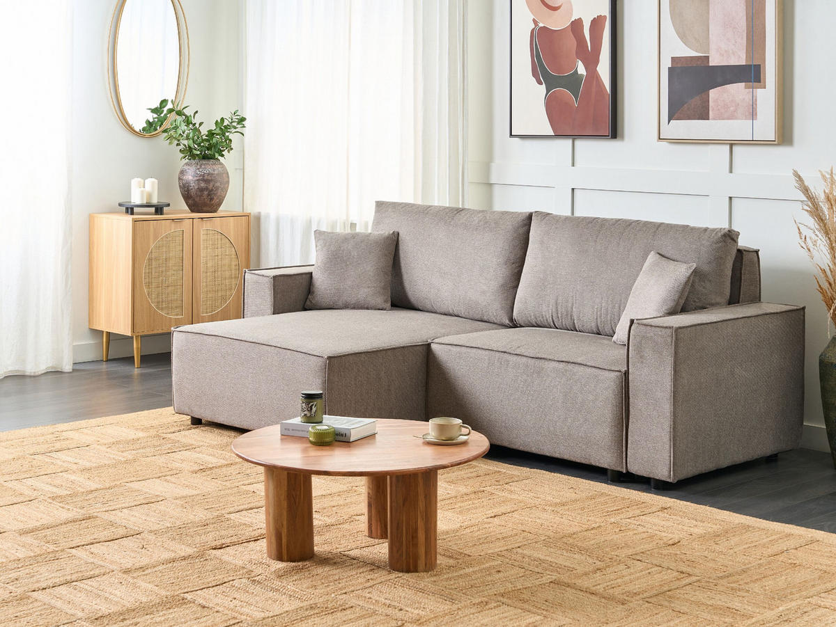 3-SITZER-ECKSOFA taupe linksseitig mit Schlaffunktion Stauraum Karila - Taupe, Textil (250/150cm) - Beliani