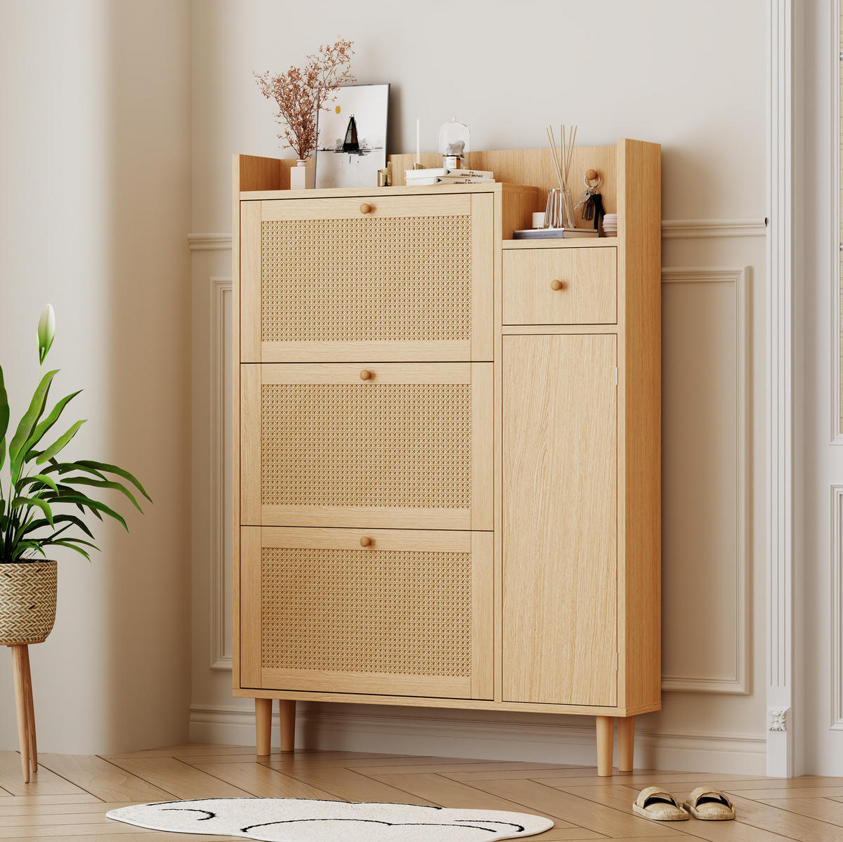 SCHUHSCHRANK 17/90/125 cm mit 3 Klappen, 1 Schublade und Tür, platzsparend in Rattan-Optik, Natur - Naturfarben, Holzwerkstoff (90/125/17cm) - Redom