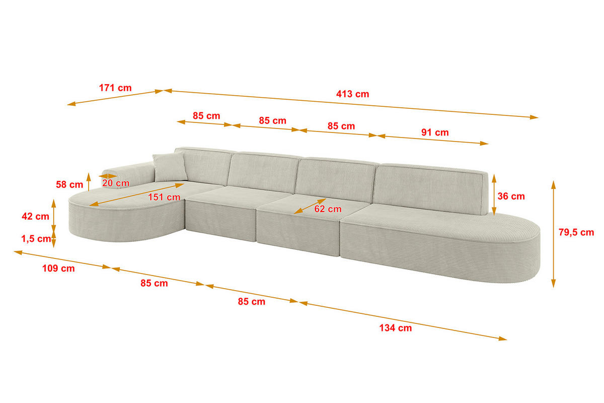 ECKSOFA Ottomane Links MARI-L3 - 413x171x79 cm Hellgrau Cord - Hellgrau/Schwarz, Holzwerkstoff/Kunststoff (165/406cm) - ALTDECOR