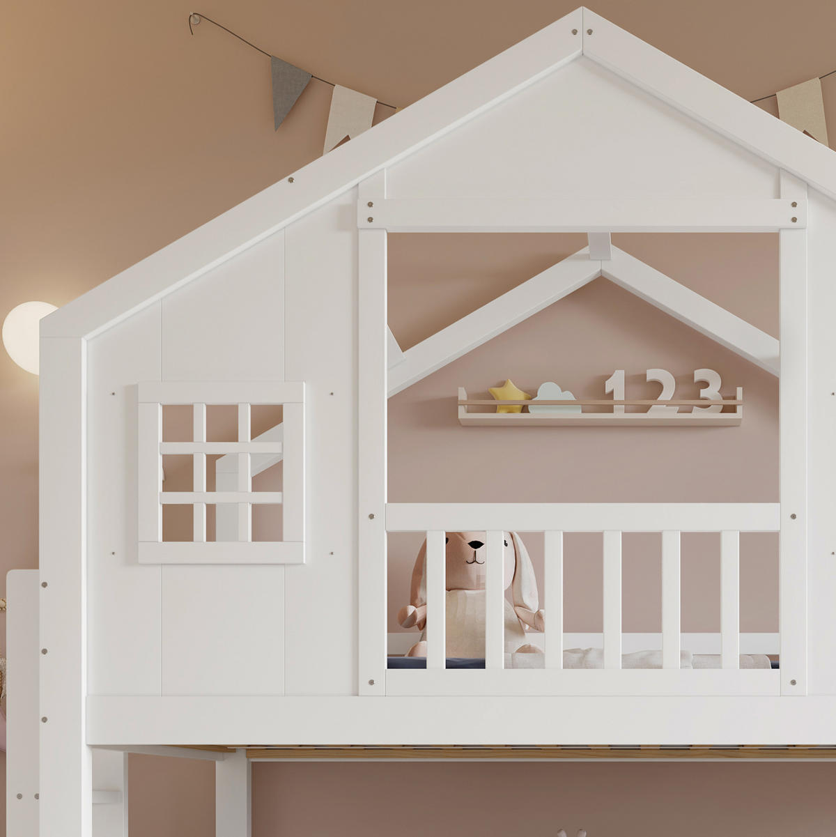 HAUSBETT 90/200 cm in Weiß mit Rutsche und Dachdesign - Weiß, Holz (90/200cm) - BEAOK