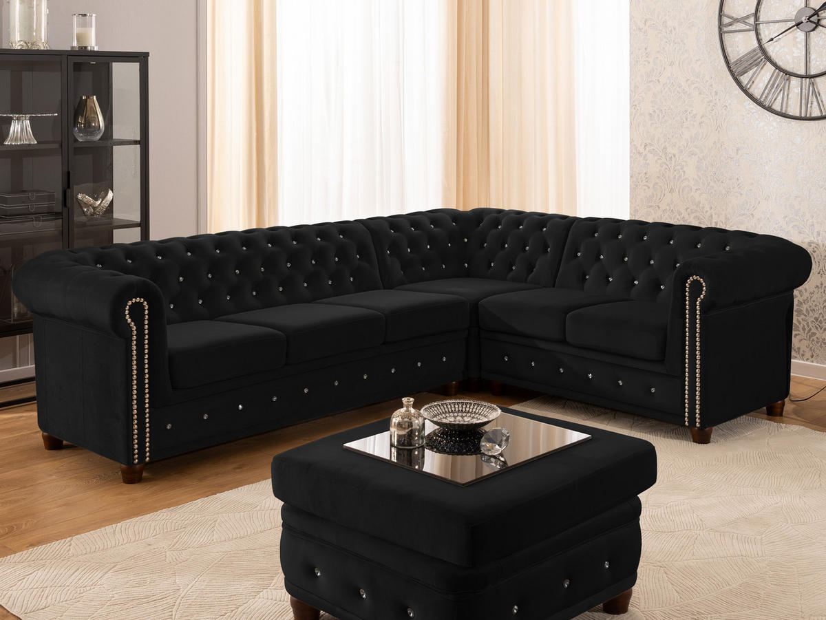 ECKSOFA Chesterfield Cleo Blink Schwarz Samt mit Kristallsteppung und braunen Massivholzfüßen - Ottomane Rechts - Schwarz/Braun, Holz/Textil (264/210cm) - S-Style Möbel