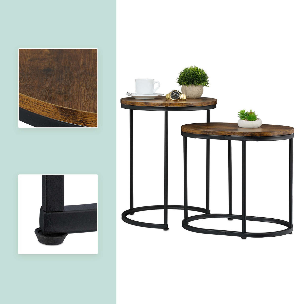 SATZTISCH Braun Schwarz 2er-Set MDF Metall Holzoptik rund oval 51x40 cm - Multicolor, Holzwerkstoff/Kunststoff (40/40/51cm) - Relaxdays