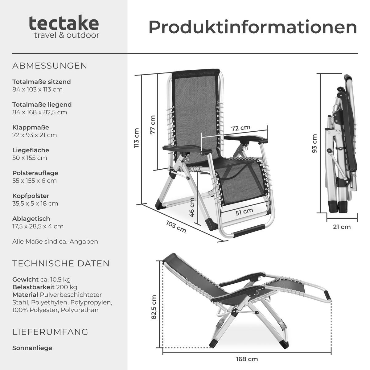 SONNENLIEGE Cloud,84 x 168 x 82,5 cm, mit Ablagetisch,schwarz - Schwarz, Kunststoff (84/103/113cm) - tectake