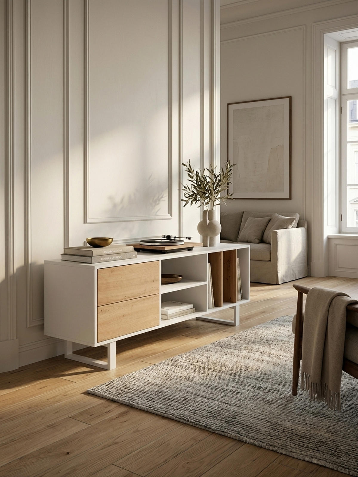 TV-LOWBOARD mit Eiche-Dekor, Schubladen und offenes Regal, modern, Weiß 150x40x55 cm - Weiß, Holzwerkstoff/Metall (150/55/40cm) - KADIMA DESIGN