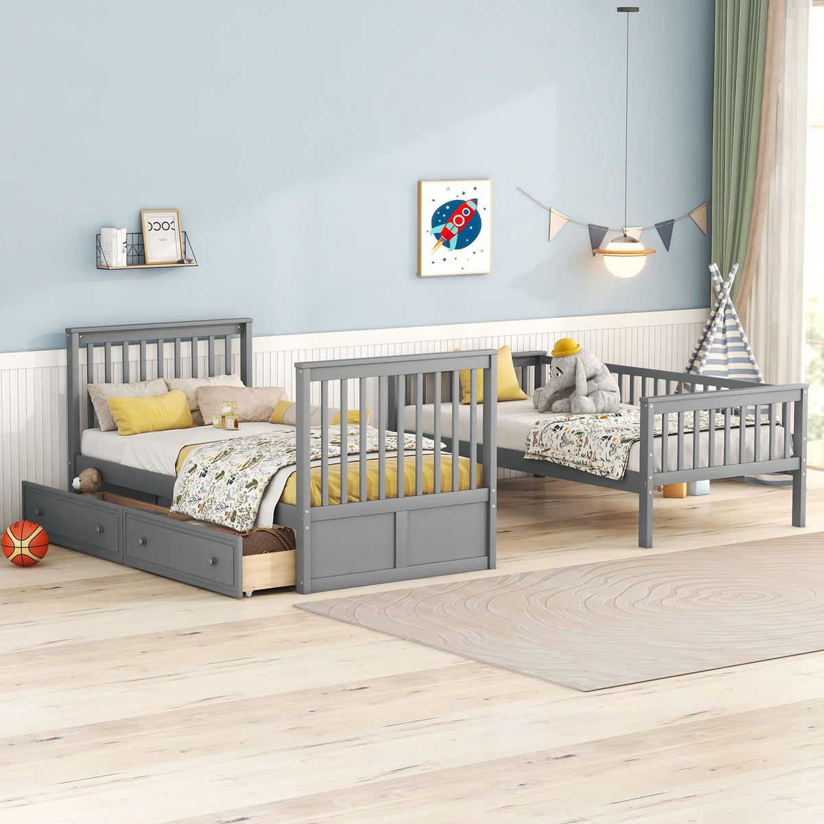 ETAGENBETT, mit 2 Schubladen, umbaubar und platzsparend, 90x200cm, Grau - Grau, Holz (90/200cm) - OKWISH