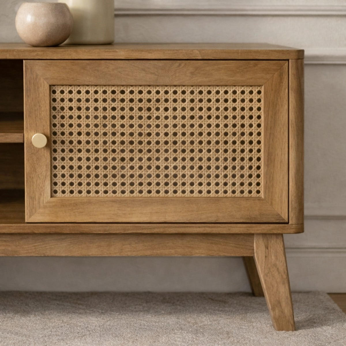 TV-MÖBEL 2 türen mit rattan-geflecht palmo 39/49/140 cm - Eschefarben, Holzwerkstoff (140/49/11cm) - Calicosy
