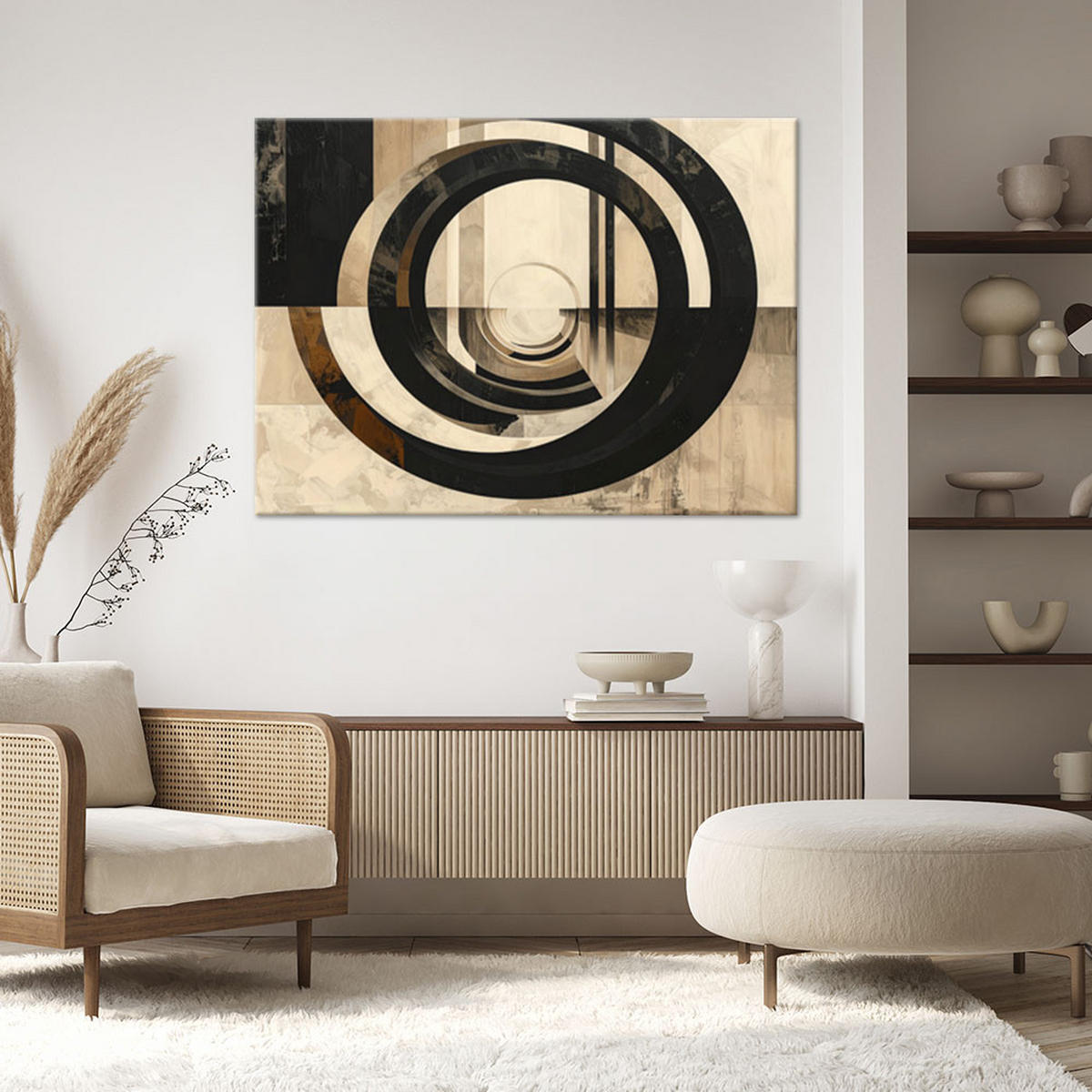 BILD auf Leinwand, Eine minimalistische Spirale in Beige- und Schwarztönen. - Beige, Textil (60/40cm) - Feeby