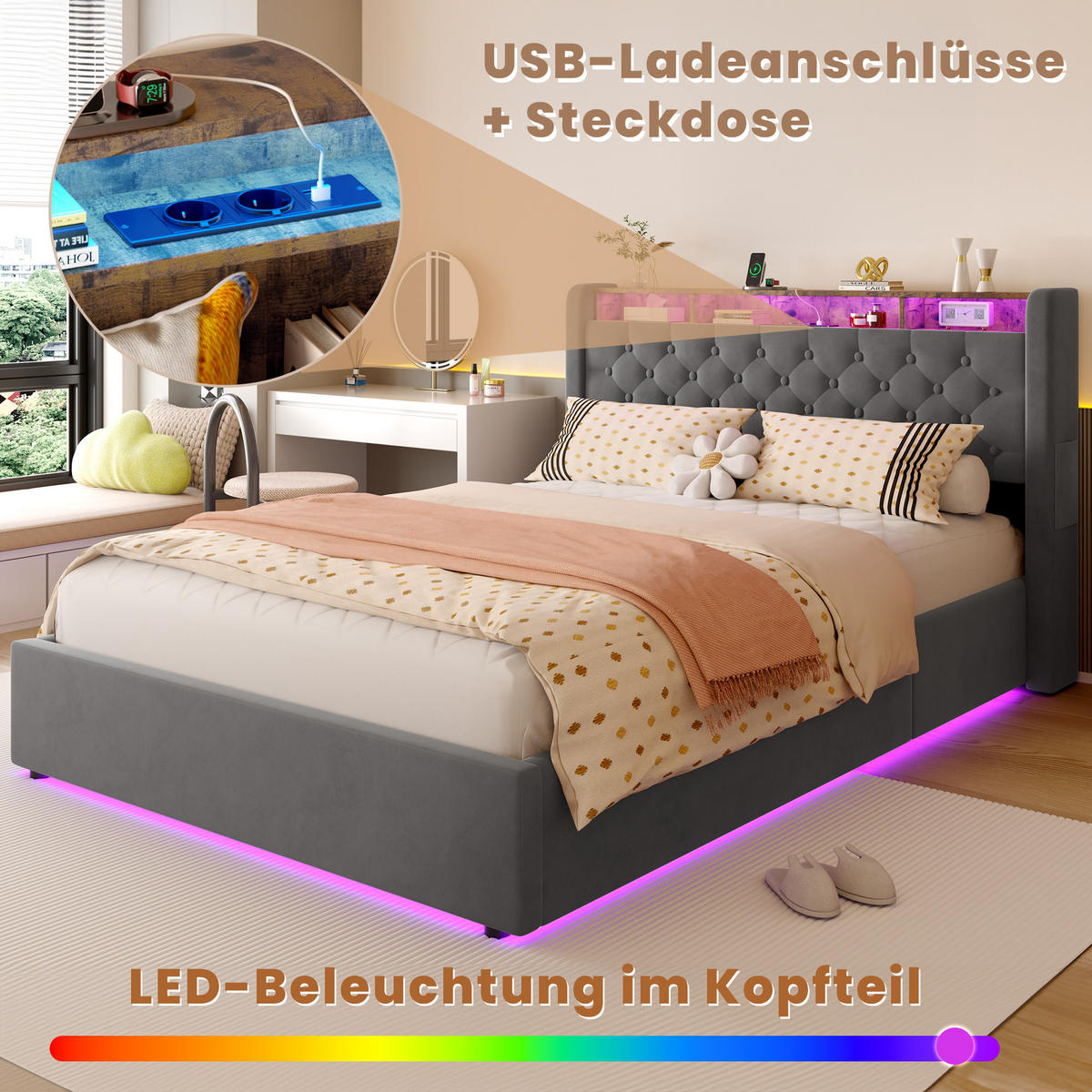 ČALOUNĚNÁ POSTEL 140/200 cm s matrací, úložným prostorem a zásuvkami, úložná postel s LED funkcí, šedá - šedá, kov/kompozitní dřevo (140/200cm) - STILVORA
