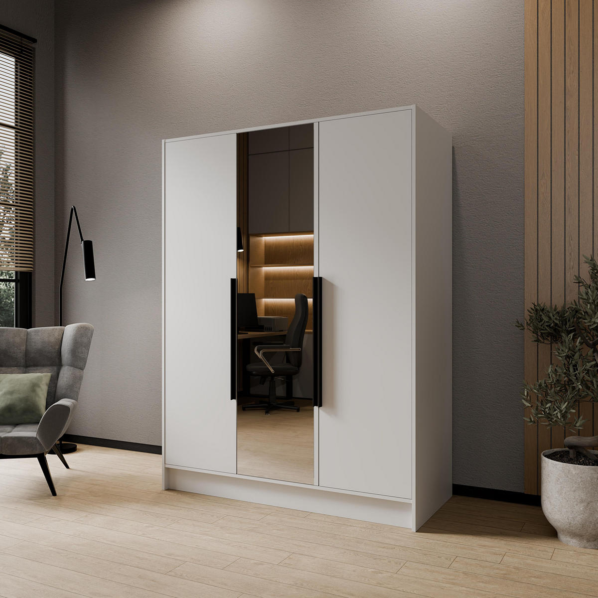 DREHTÜRENSCHRANK RENVO 150/200/51 cm Modern Kleiderschrank 3-türig mit Spiegel Weiß - Weiß, Holzwerkstoff (150/200/51cm) - MASSENO