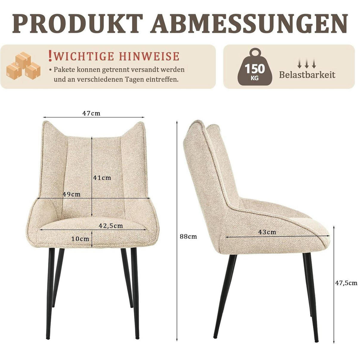 ESSZIMMERSTÜHLE 4er Set Creme Strukturstoff mit verstellbaren Füßen - Creme, Textil (49/88/61.5cm)