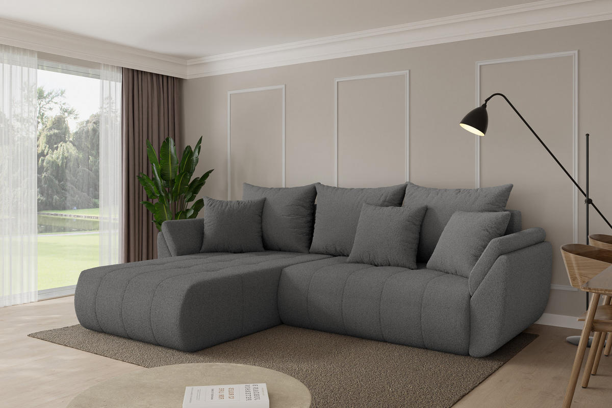 ROHOVÁ SEDAČKA s funkcí spaní, otoman vlevo TOKO-L 277x194x86 šedá bouclé - šedá/černá, kompozitní dřevo/textil (277/194cm) - ALTDECOR