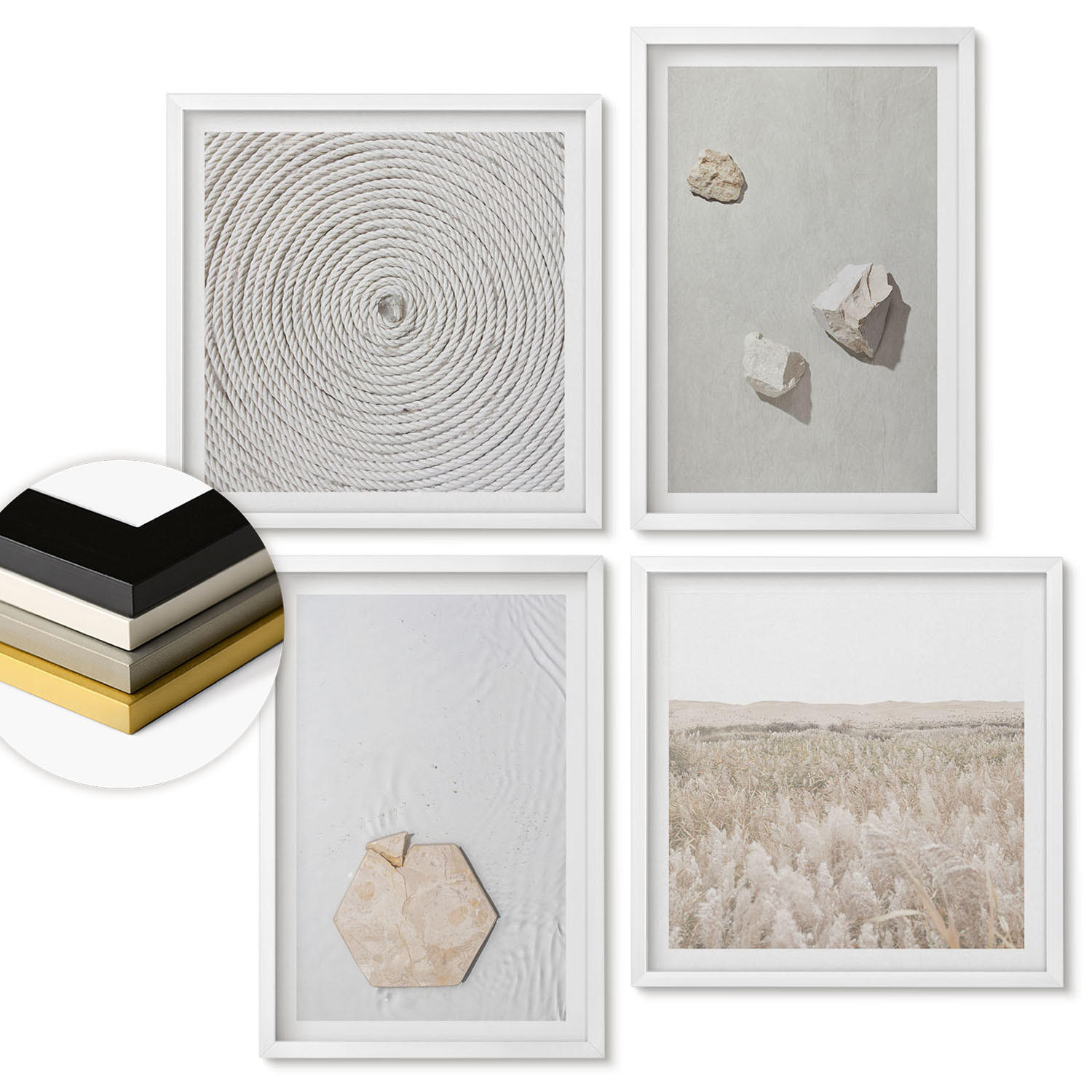 WANDBILDER 4er-Set - 50x50 cm & 40x60 cm Weißer Rahmen - Leichte Boho-Sandtexturen - Weiß, Kunststoff (50/50cm) - ArtPrintCave