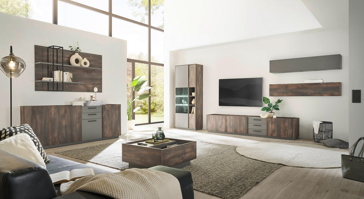 SIDEBOARD M18 Thermo Oak & Anthrazit 200/80/45 cm breit - Graubraun, Holzwerkstoff (200/80/45cm) - Livojo