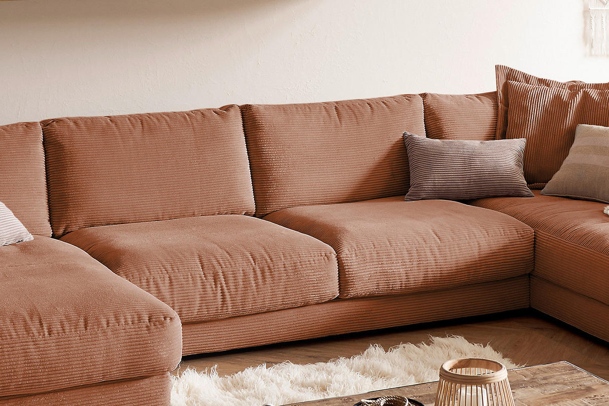 WOHNLANDSCHAFT MADELINE Braun Cord - Rotbraun/Schwarz, Kunststoff/Textil (425/86/224cm) - KAWOLA