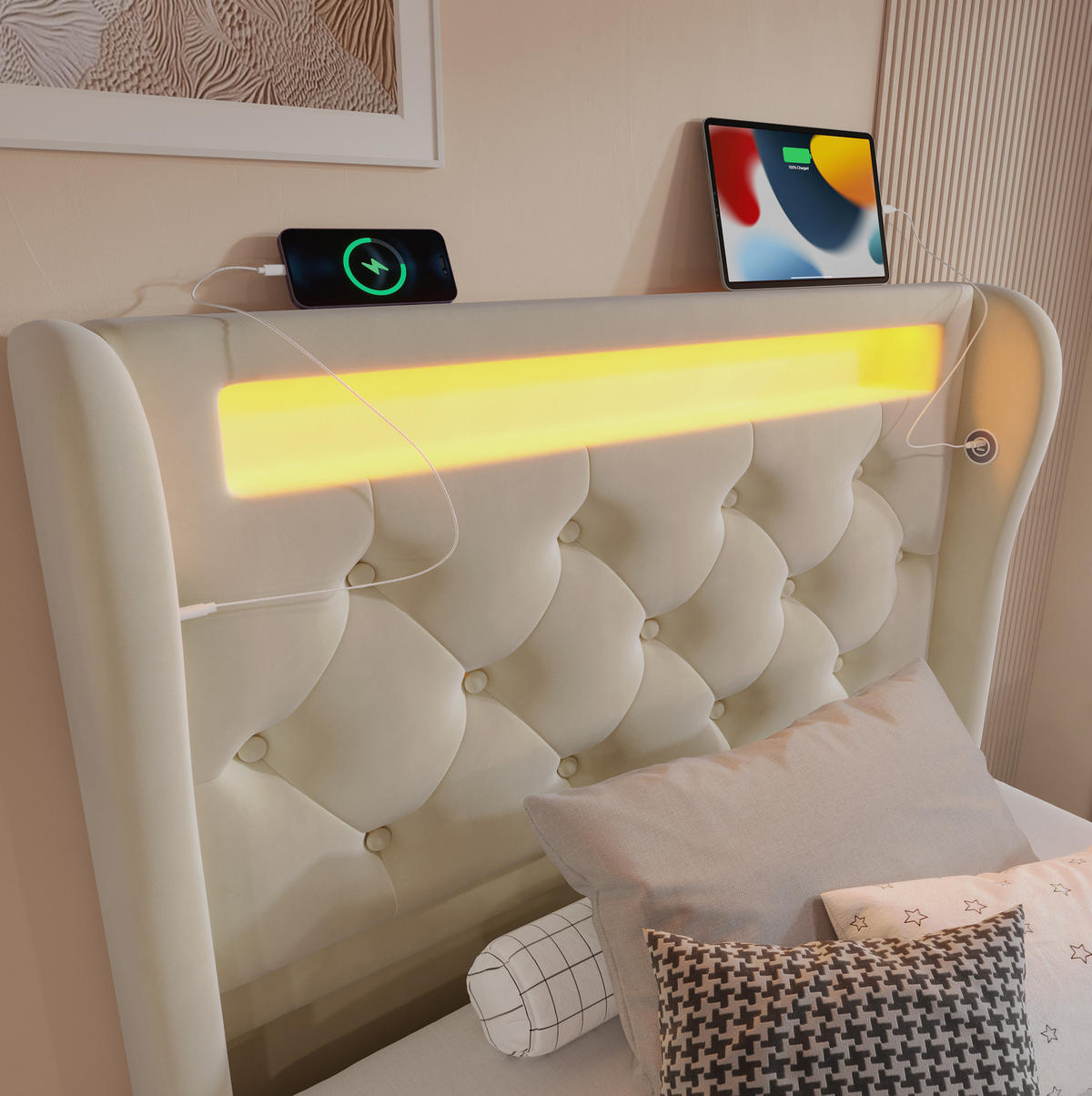 BETT mit LED und Stauraum 90x200 cm Samt Beige inkl. Matratze - Beige, Metall (90/200cm) - Meubliv