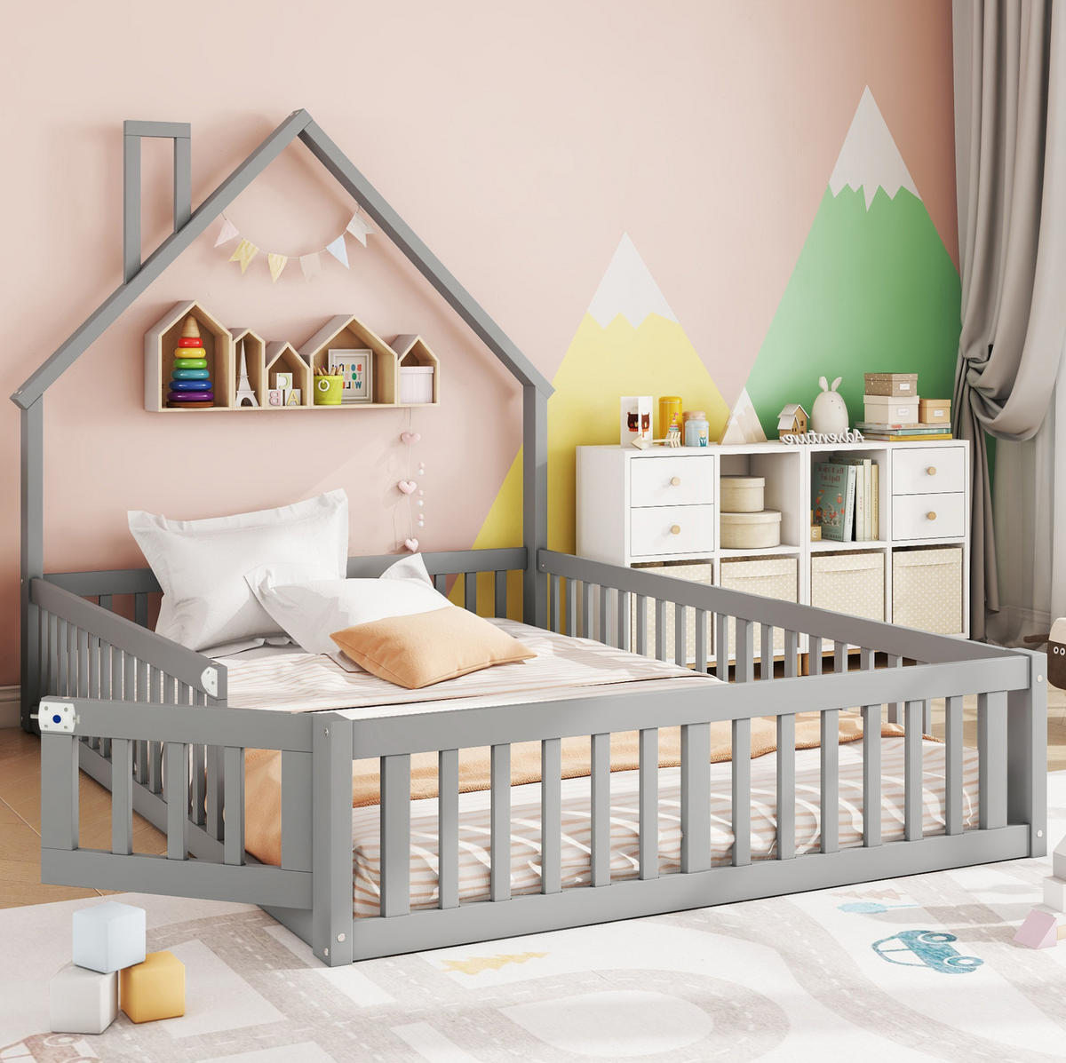 KINDERBETT 140/190 cm Grau aus Kiefer und MDF mit Sicherheitsgitter - Grau, Holzwerkstoff (140/190cm) - Flora Grace