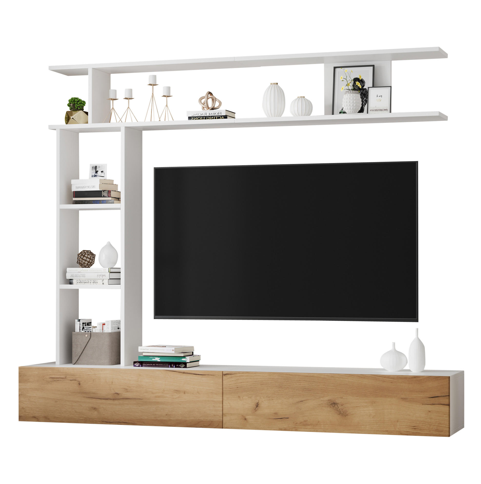 Redom TV sestava 180/35/22,5 cm s úložným prostorem, nástěnným i volně stojícím provedením a tichým dovíráním, Bílá/Dub