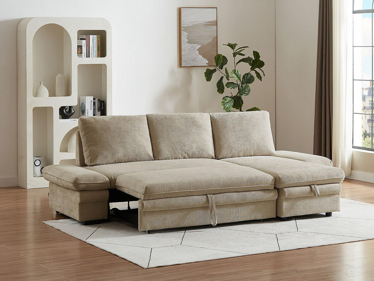 ECKSOFA mit Schlaffunktion & Ecke wechselbar - Chenille-Stoff - Beige - SIVIARA - Beige, Textil (258/146cm) - Vente-Unique