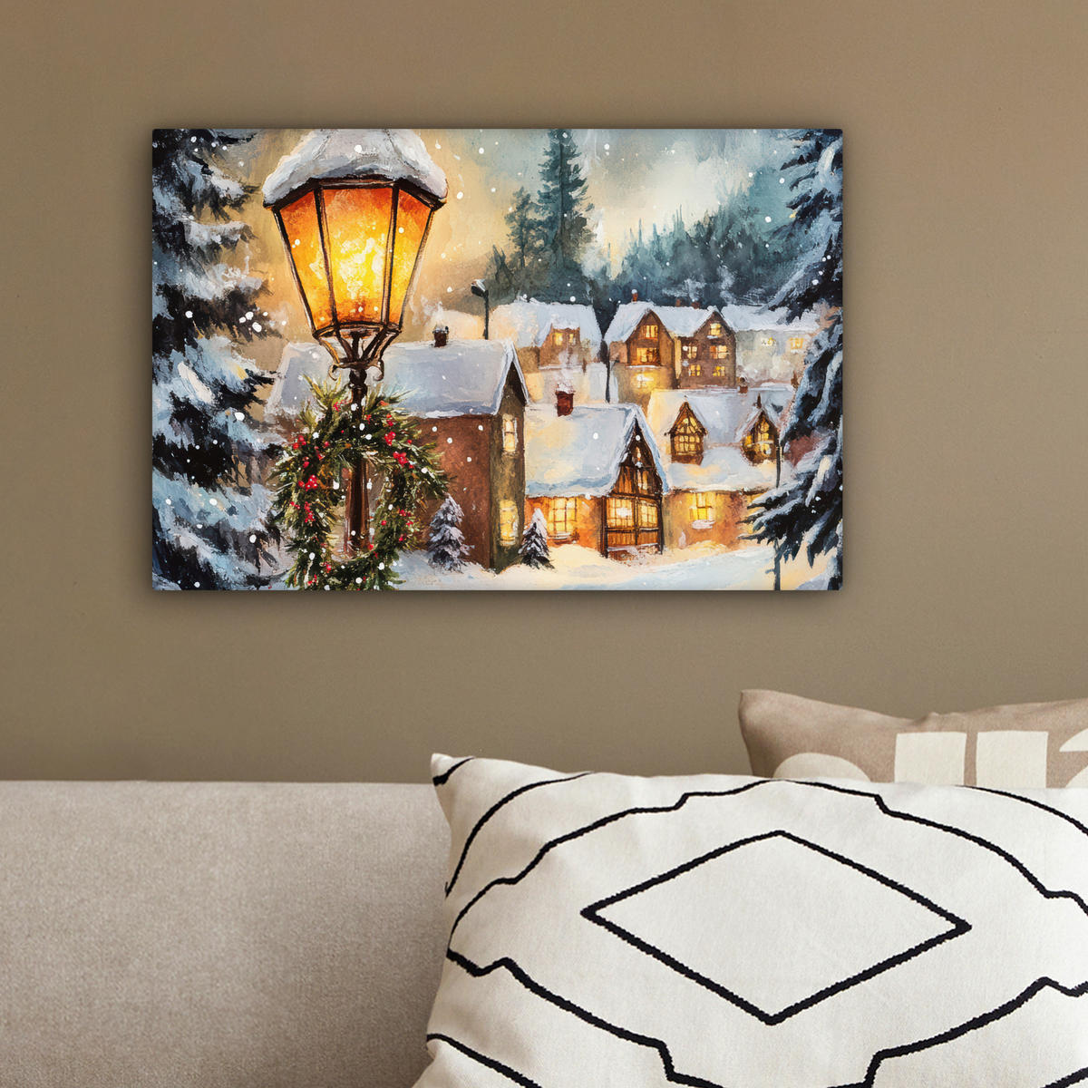 LEINWANDBILD Weihnachtsdorf - Häuser - Schnee - Weihnachten 30x20 cm - Sandfarben, Textil (30/20cm) - MuchoWow