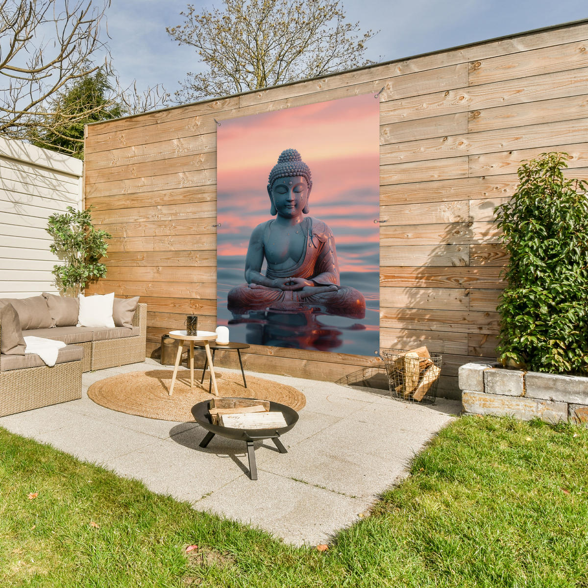 ZAHRADNÍ PLAKÁT Buddha - Socha - Buddha - Voda - Umění - Buddha 120x160 cm - šedohnědá, plast (120/160/0.2cm) - OnlyWow