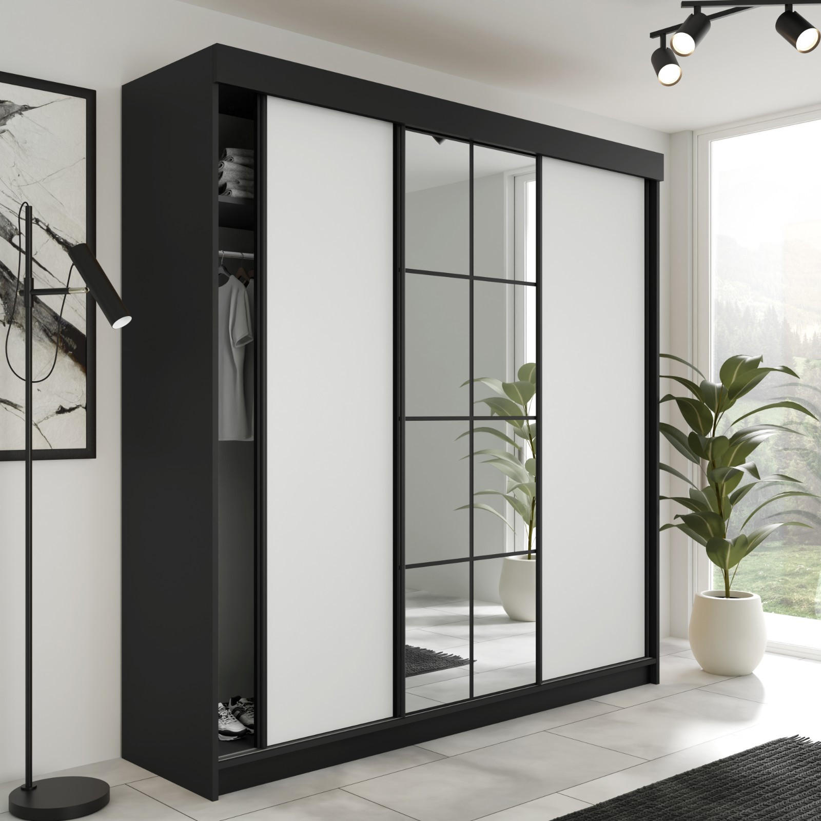 SCHIEBETÜRENSCHRANK LAMARO - 250x205x59cm - Schwarz & Weiß - Schwarz/Weiß, Holzwerkstoff (250/205/59cm) - Kier Furniture