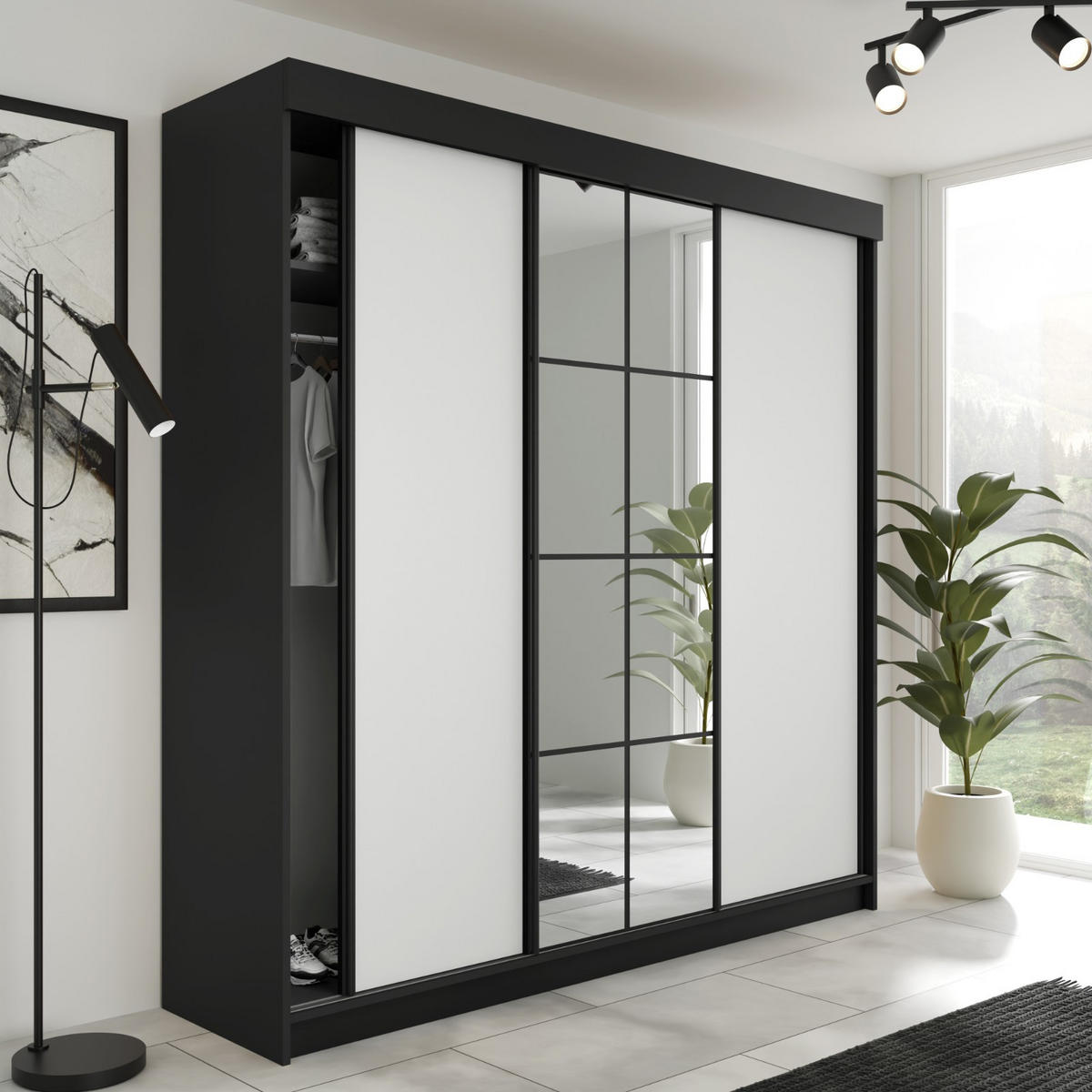 SCHIEBETÜRENSCHRANK LAMARO - 200x205x59cm - Schwarz & Weiß - Schwarz/Weiß, Holzwerkstoff (200/205/59cm) - Kier Furniture