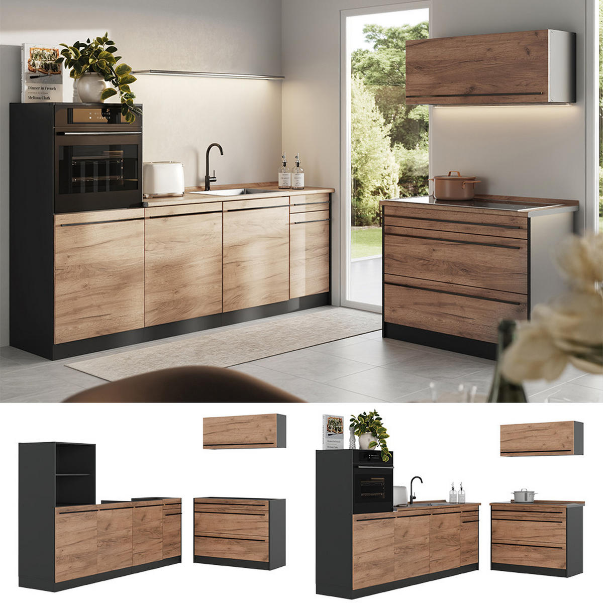 KÜCHENZEILE R-Line, Goldkraft Eiche/Anthrazit, 220 cm Arbeitsplatte Anthrazit - Honigeiche/Anthrazit, Holzwerkstoff (220/143/60cm) - Vicco