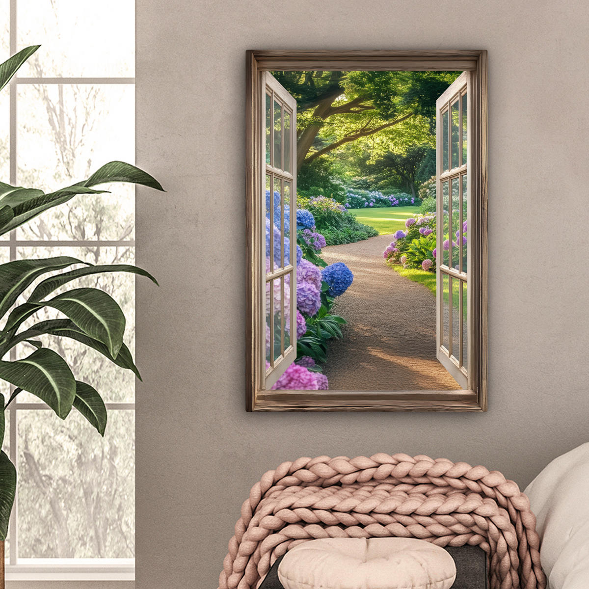 LEINWANDBILD Aussicht - Garten - Fenster - Hortensie - Blumen 60x90 cm - Pastellblau, Textil (60/90cm) - MuchoWow