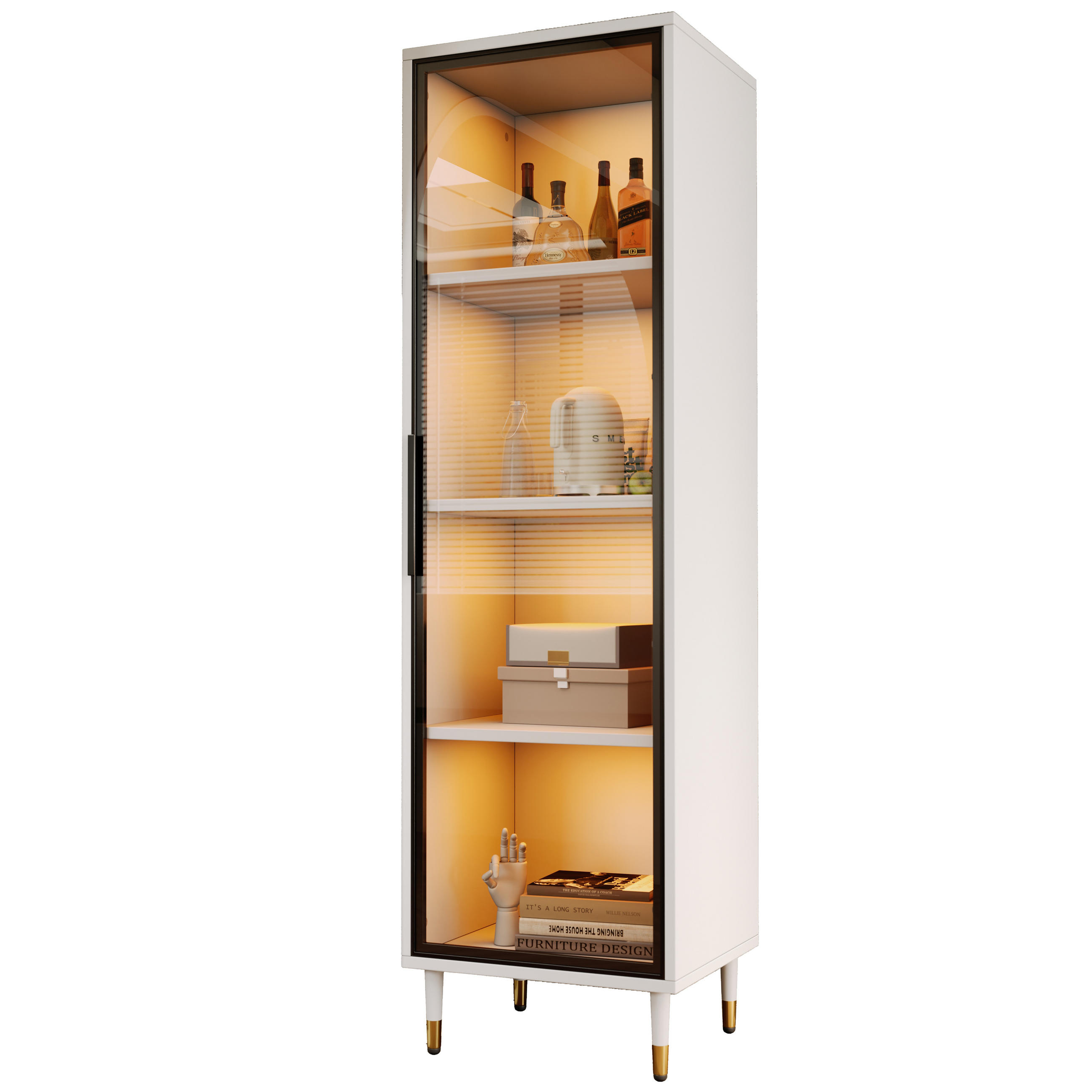 HIGHBOARD mit LED-Beleuchtung 40/40/170 cm in Weiß mit getönter Glastür - Weiß, Holzwerkstoff (40/170/40cm) - BEAOK