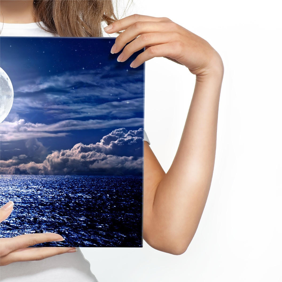 LEINWANDBILD Vollmond am Meer Landschaft 3D 120x80cm - Blau/Weiß, Textil (120/80cm) - Muralo