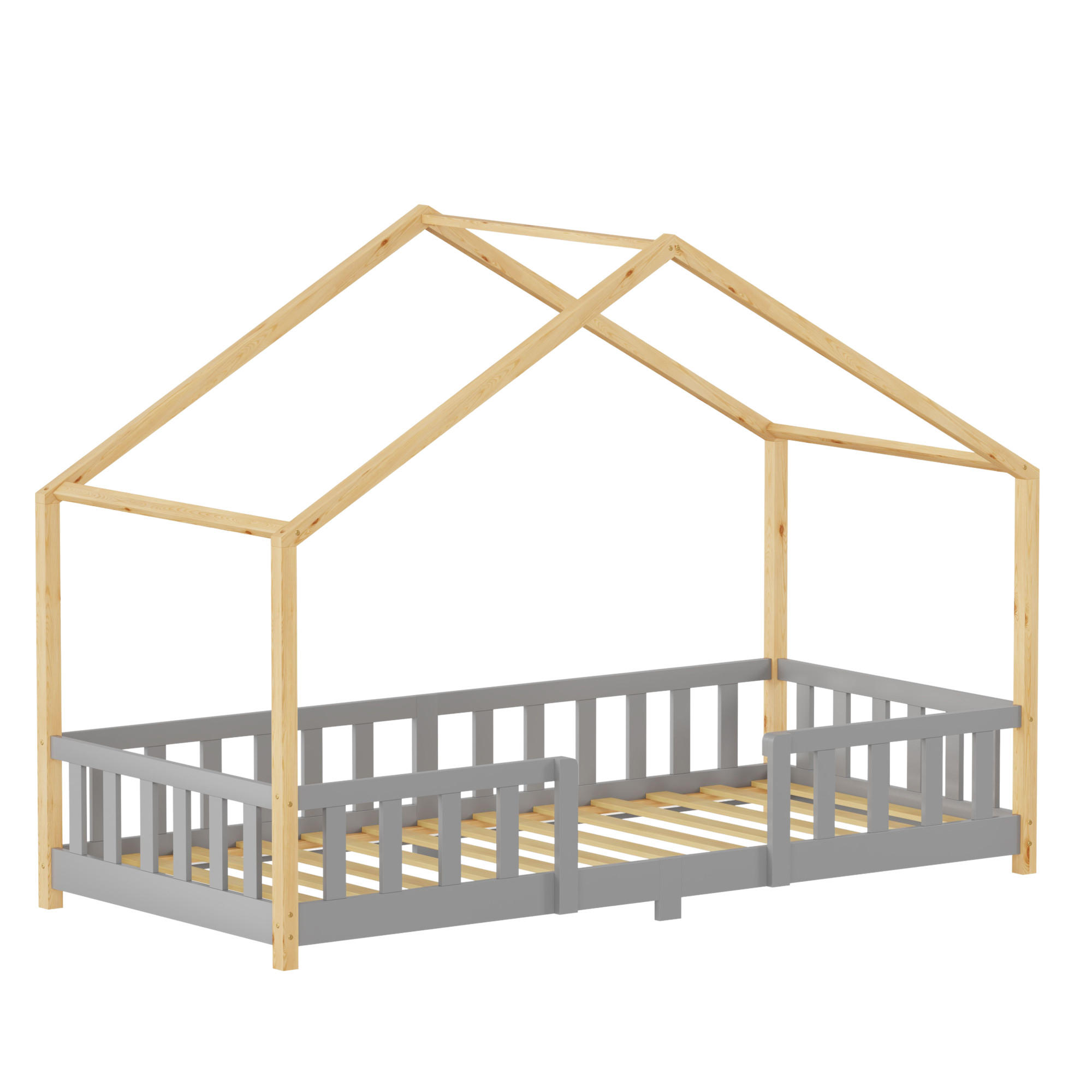 HAUSBETT Treviolo - Hellgrau/Naturfarben, Holz (90/200cm) - [en.casa]